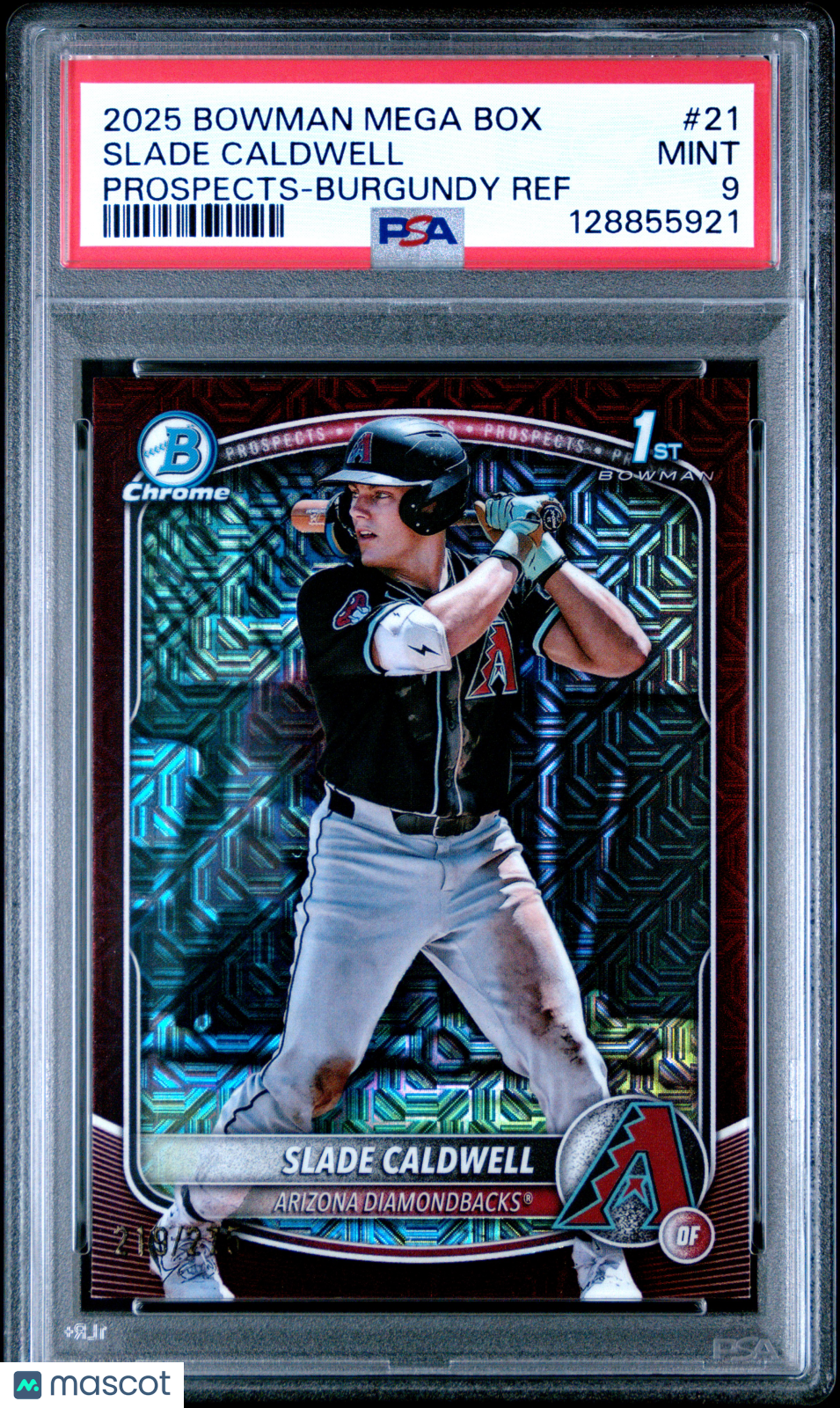 2025 Bowman Mega Box Chrome Prospects Slade Caldwell #21 Burgundy Ref /275 PSA 9