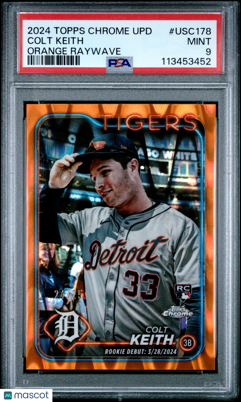 2024 Topps Chrome Update Colt Keith #USC178 Orange Raywave /25 RC PSA 9