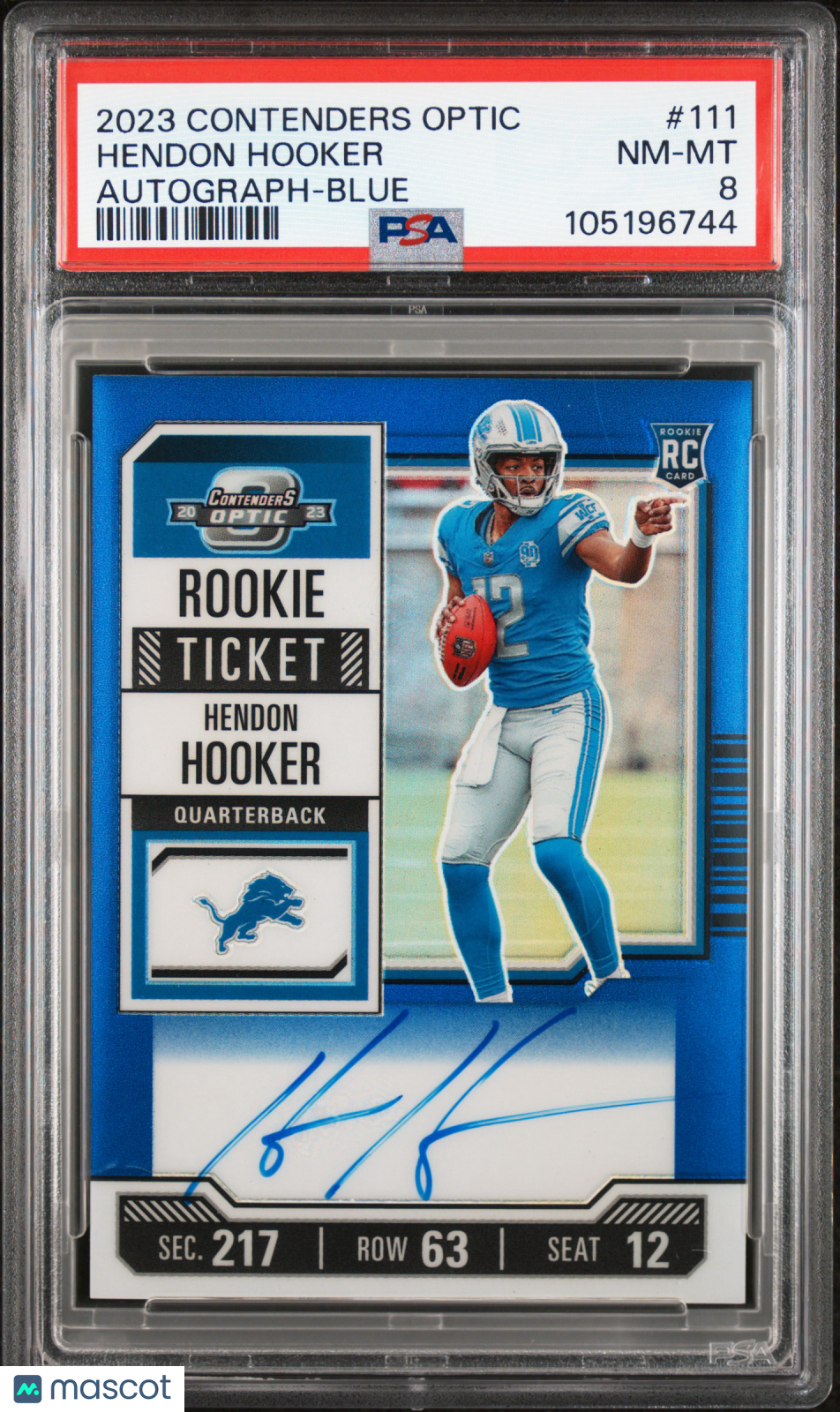 2023 Panini Contenders Optic Hendon Hooker #111 Autograph Blue /75 PSA 8 RC
