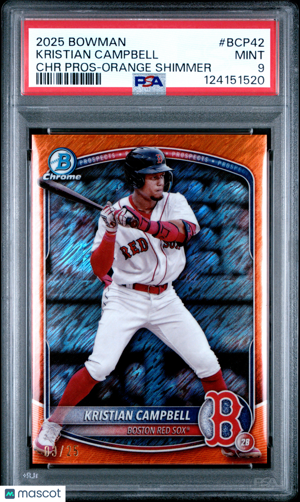 2025 Bowman Chrome Prospects Kristian Campbell #BCP42 Orange Shimmer 03/25 PSA 9