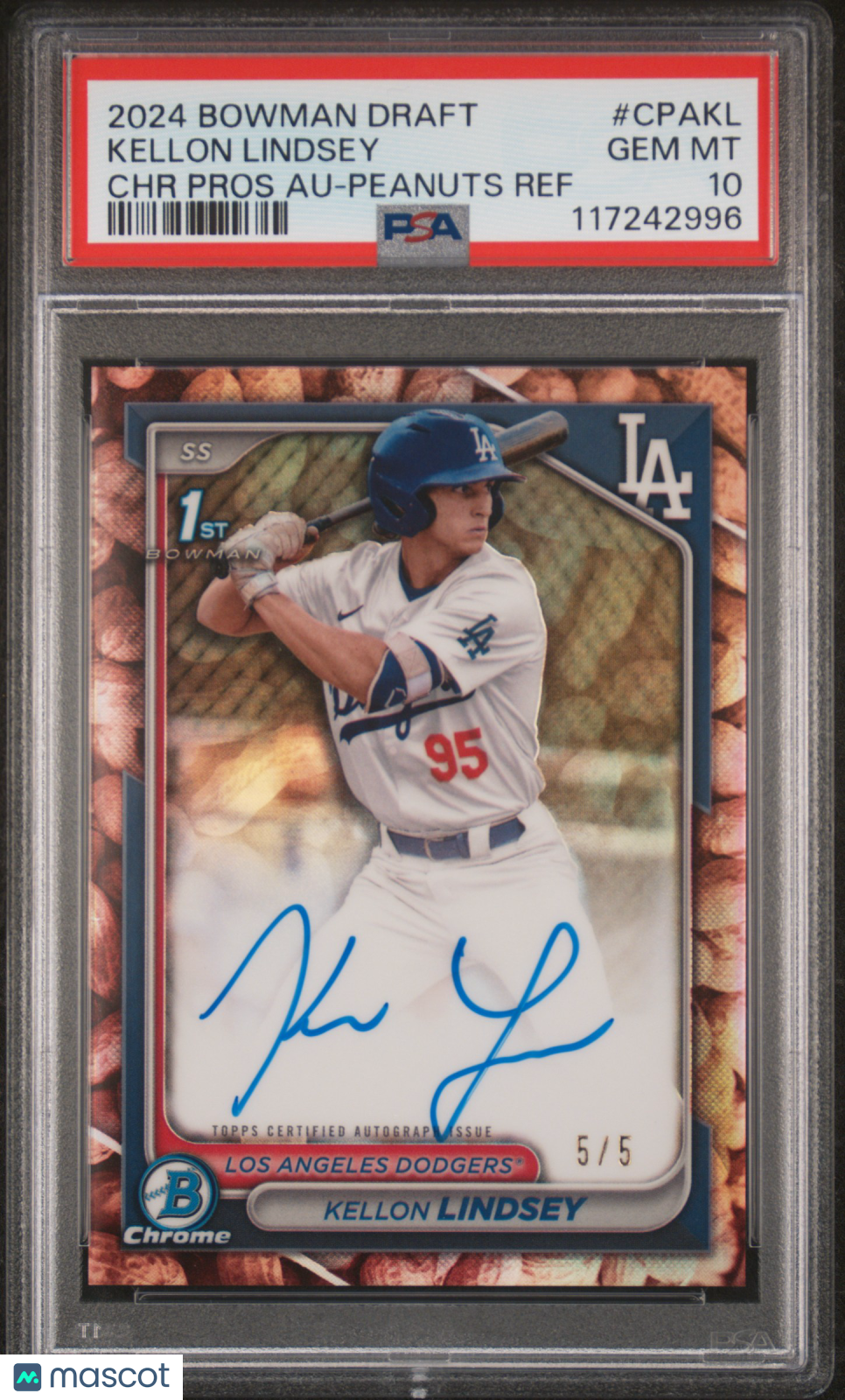 2024 BOWMAN DRAFT KELLON LINDSEY 1ST CHROME PROSPECT PEANUTS AUTO /5 PSA 10 RC