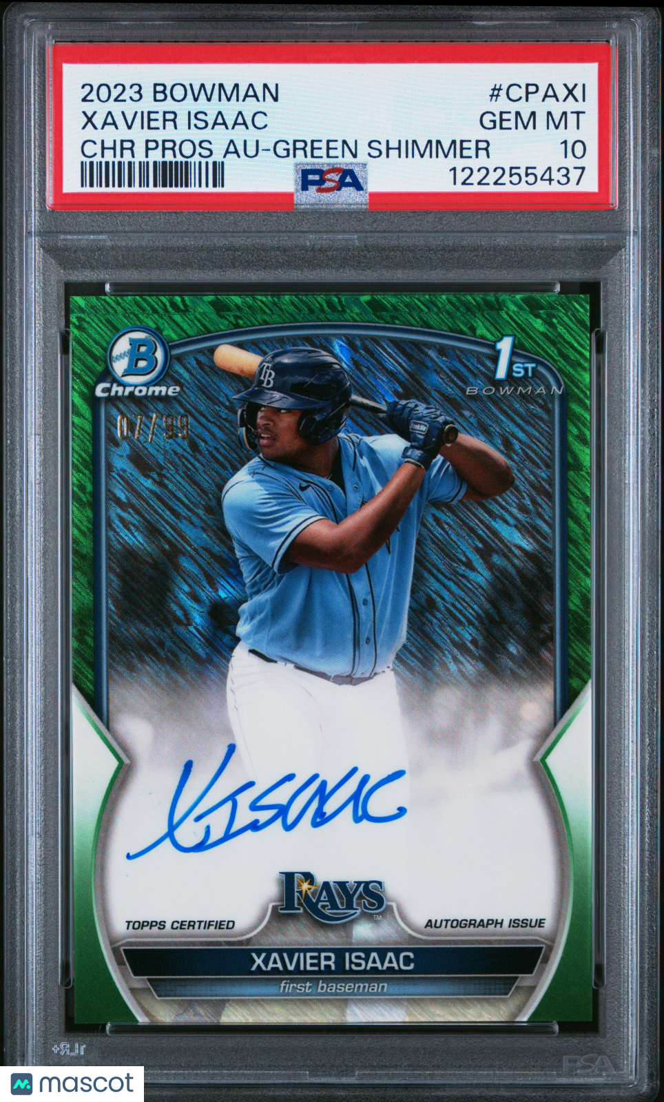 2023 Bowman Xavier Isaac 1st Chrome Prospect Auto Green Shimmer /99 PSA 10 RC