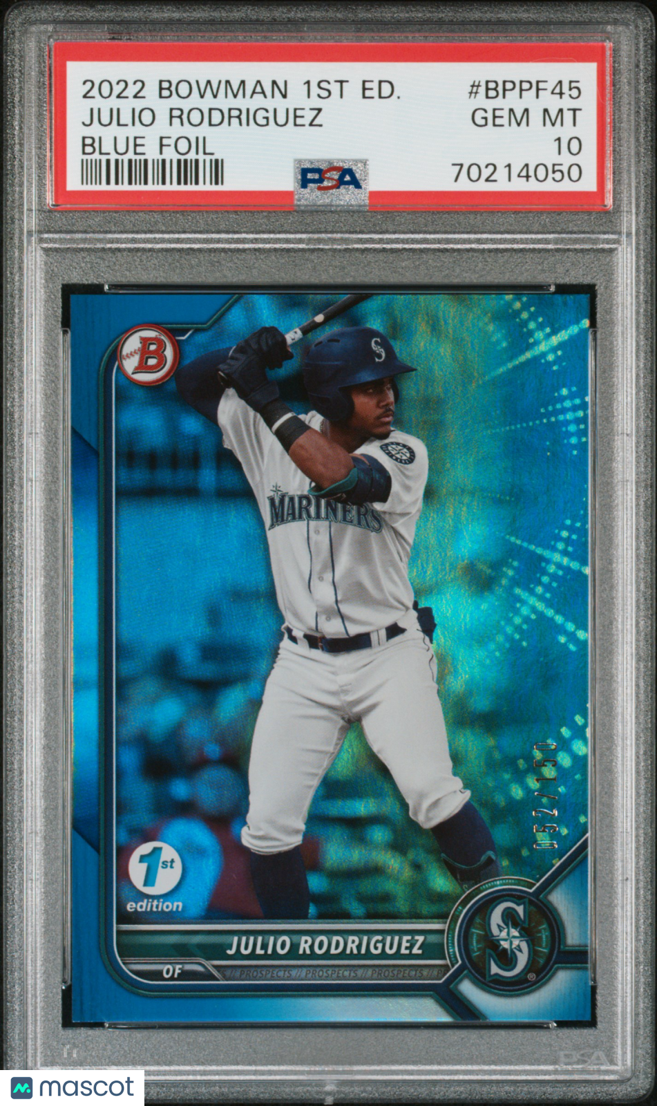 2022 Bowman 1st Edition Julio Rodriguez #BPPF45 Blue Foil 052/150 PSA 10 RC