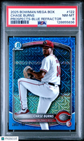 2025 Bowman Chrome Prospects Chase Burns #122 Blue Refractor 086/150 PSA 8