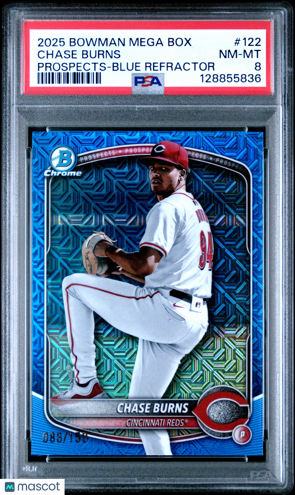2025 Bowman Chrome Prospects Chase Burns #122 Blue Refractor 086/150 PSA 8