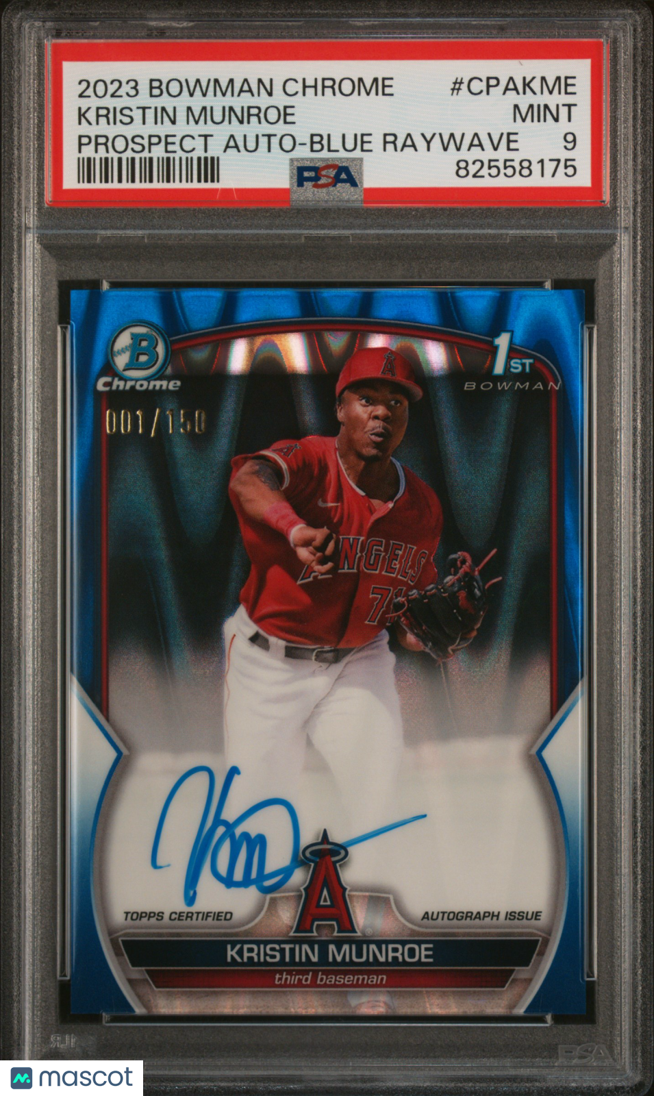 2023 Bowman Chrome Kristin Munroe 1st Prospect Auto Blue Raywave /150 PSA 9